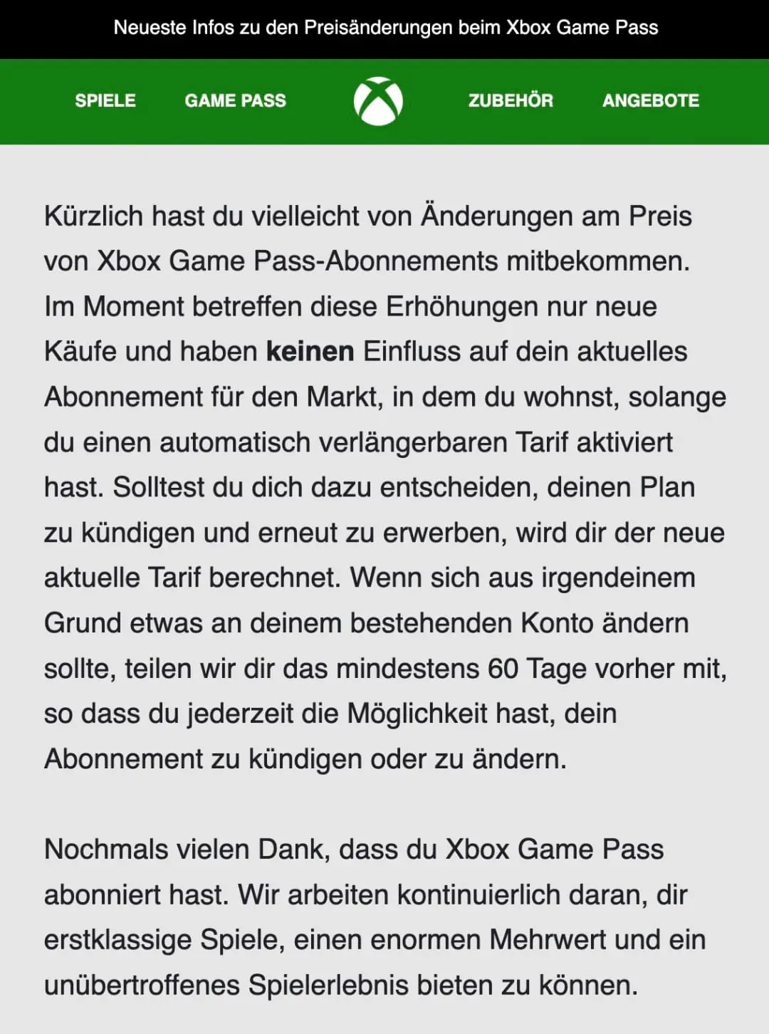 Xbox Game Pass - Preis E-Mail